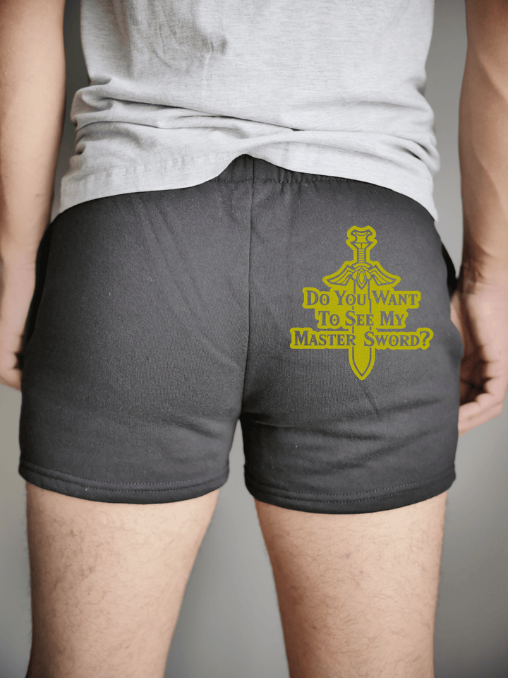 PixelThat Punderwear Shorts Black / S / Back Want to See My Master Sword? Men's Gym Shorts