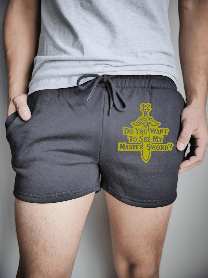 PixelThat Punderwear Shorts Black / S / Front Want to See My Master Sword? Men's Gym Shorts