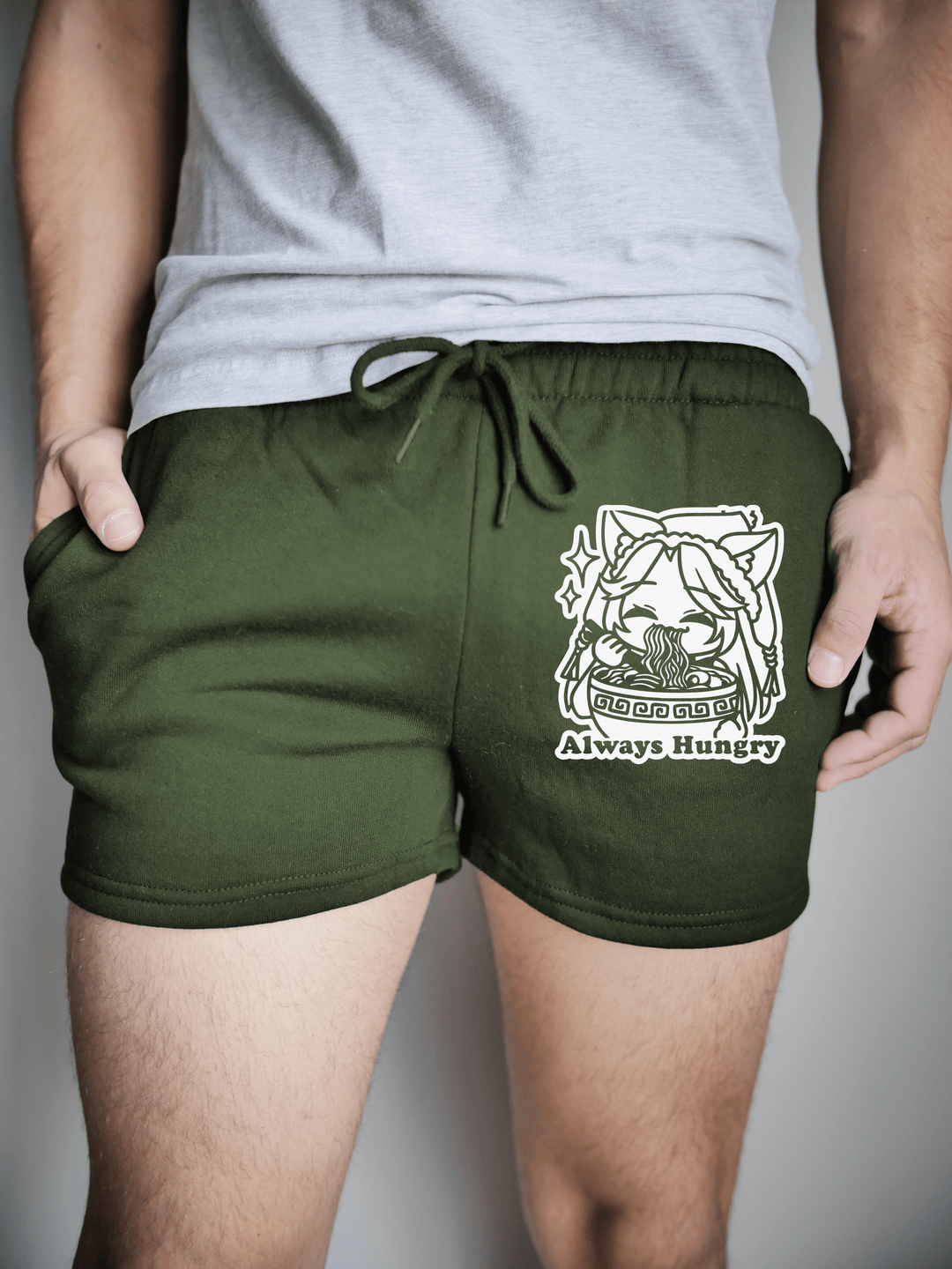 PixelThat Punderwear Shorts Dark Olive Green / S / Front Always Hungry Men's Gym Shorts