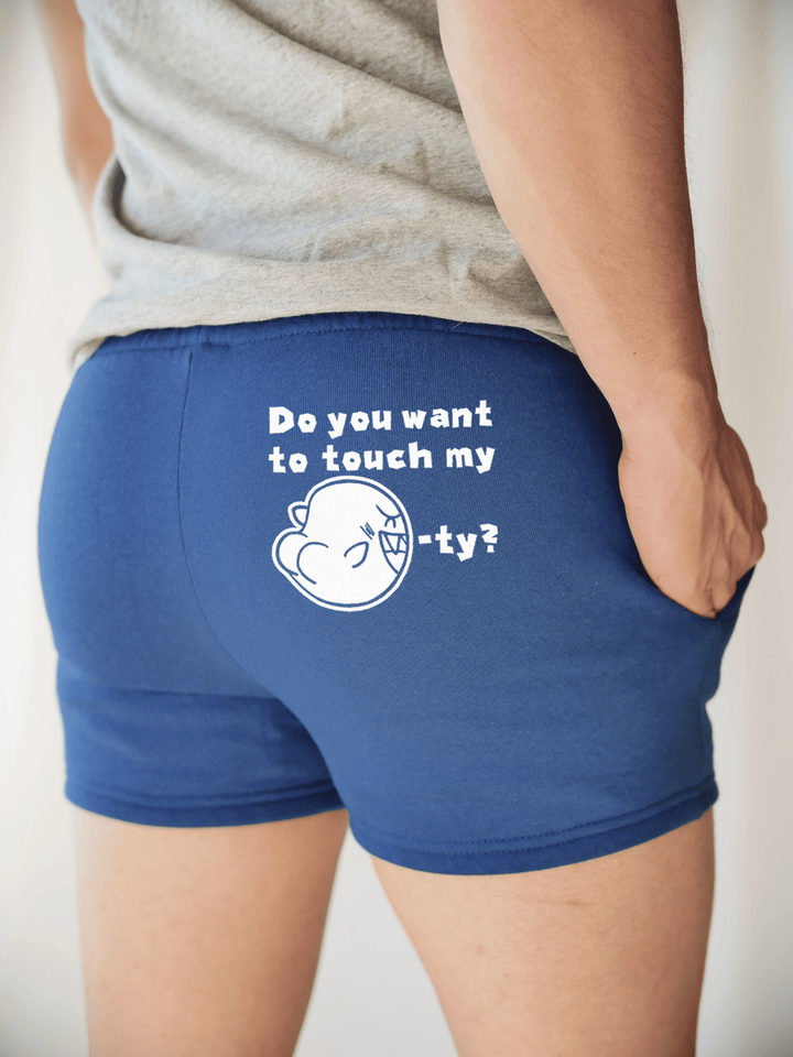PixelThat Punderwear Shorts Royal Blue / S / Back Do You Want To Touch My Booty? Men's Gym Shorts