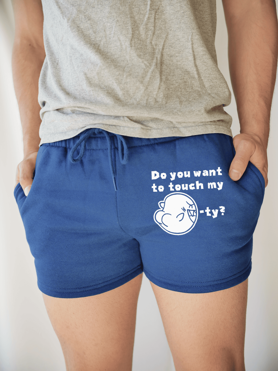PixelThat Punderwear Shorts Royal Blue / S / Front Do You Want To Touch My Booty? Men's Gym Shorts