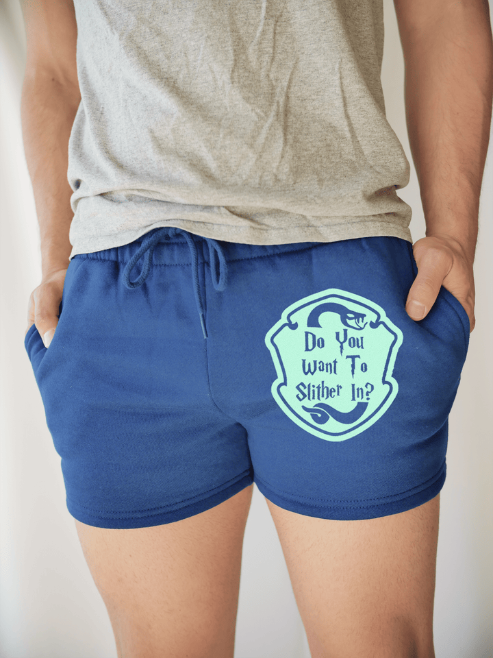 PixelThat Punderwear Shorts Royal Blue / S / Front Slither In? Men's Gym Shorts