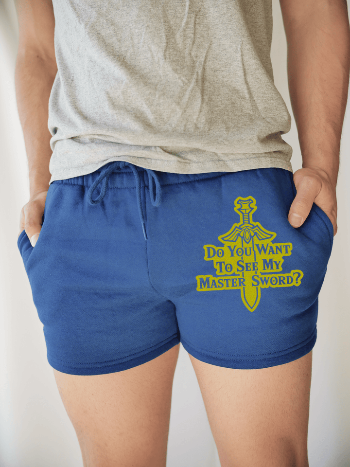 PixelThat Punderwear Shorts Royal Blue / S / Front Want to See My Master Sword? Men's Gym Shorts